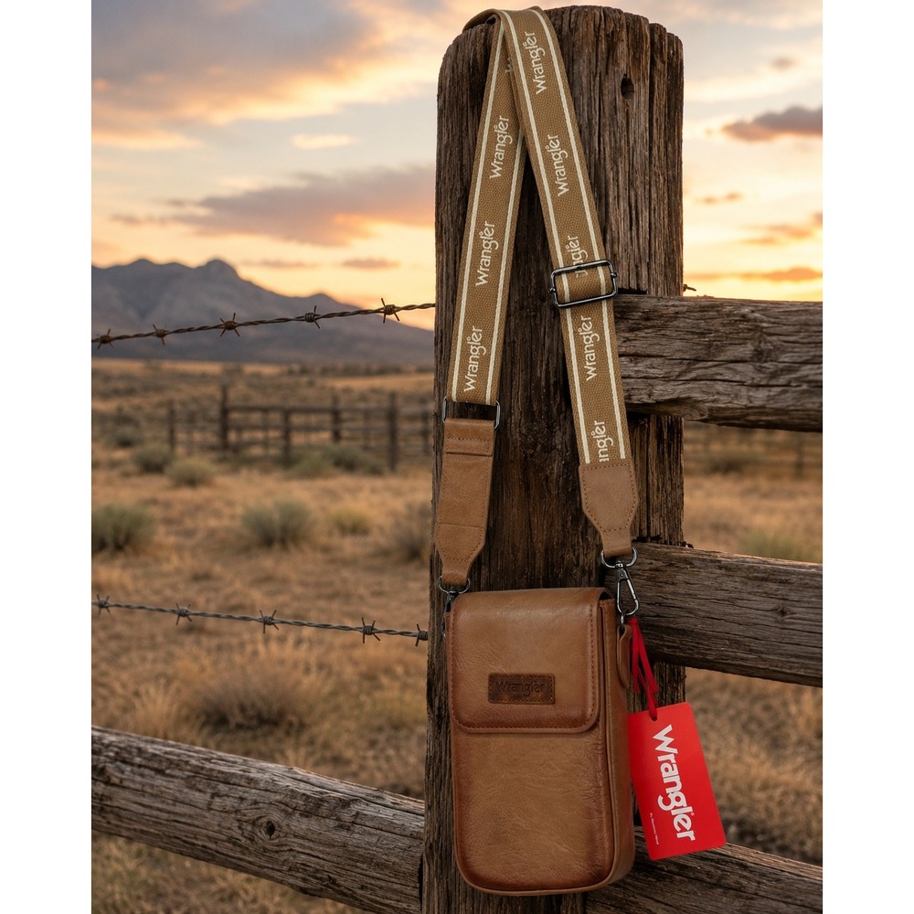 Wrangler Crossbody Phone Bag Womens Khaki Brown Montana West Logo Strap New